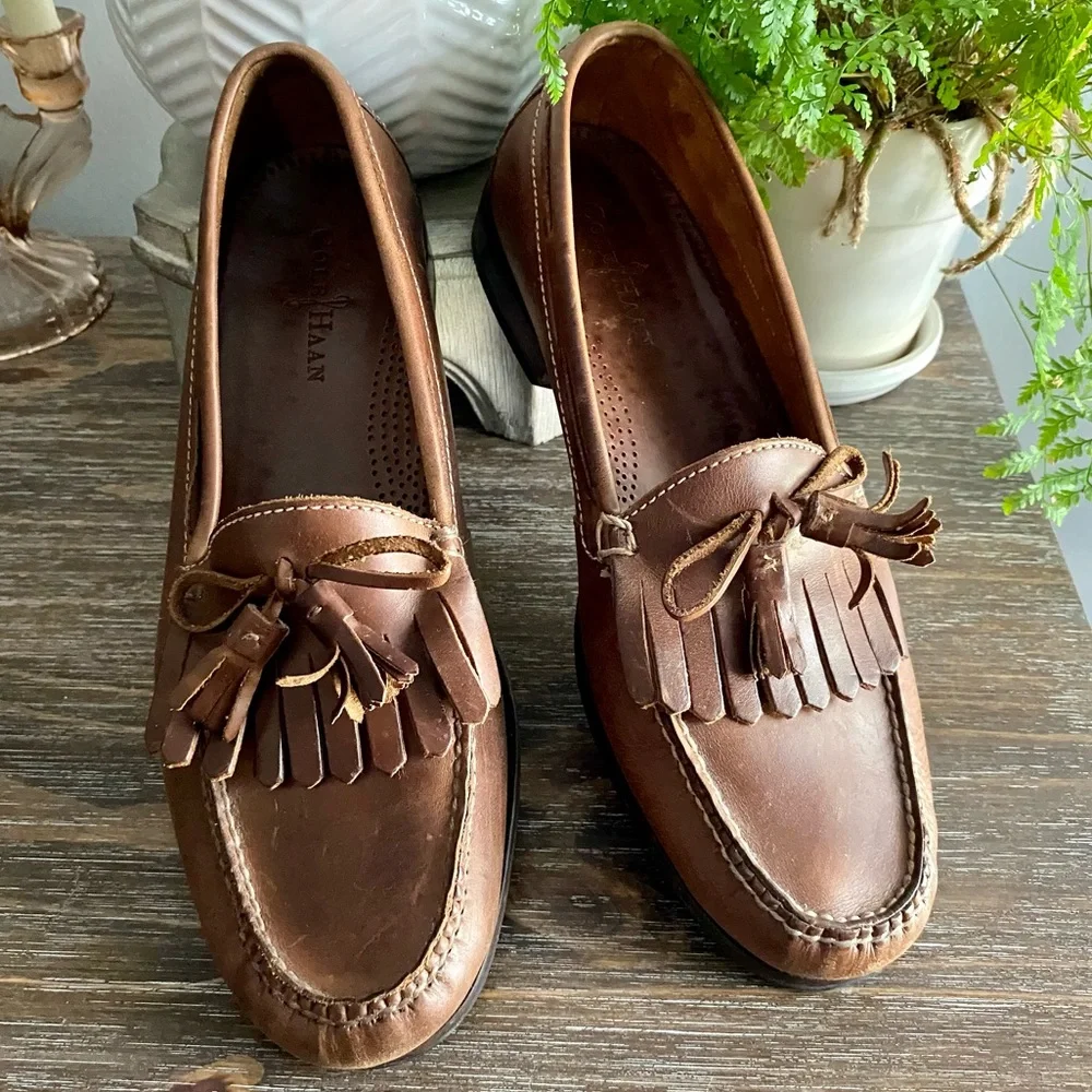 Cole Haan Mens Leather Tassel‎ Loafers Casual Slip On Brown Tan 12 D Tan Brown